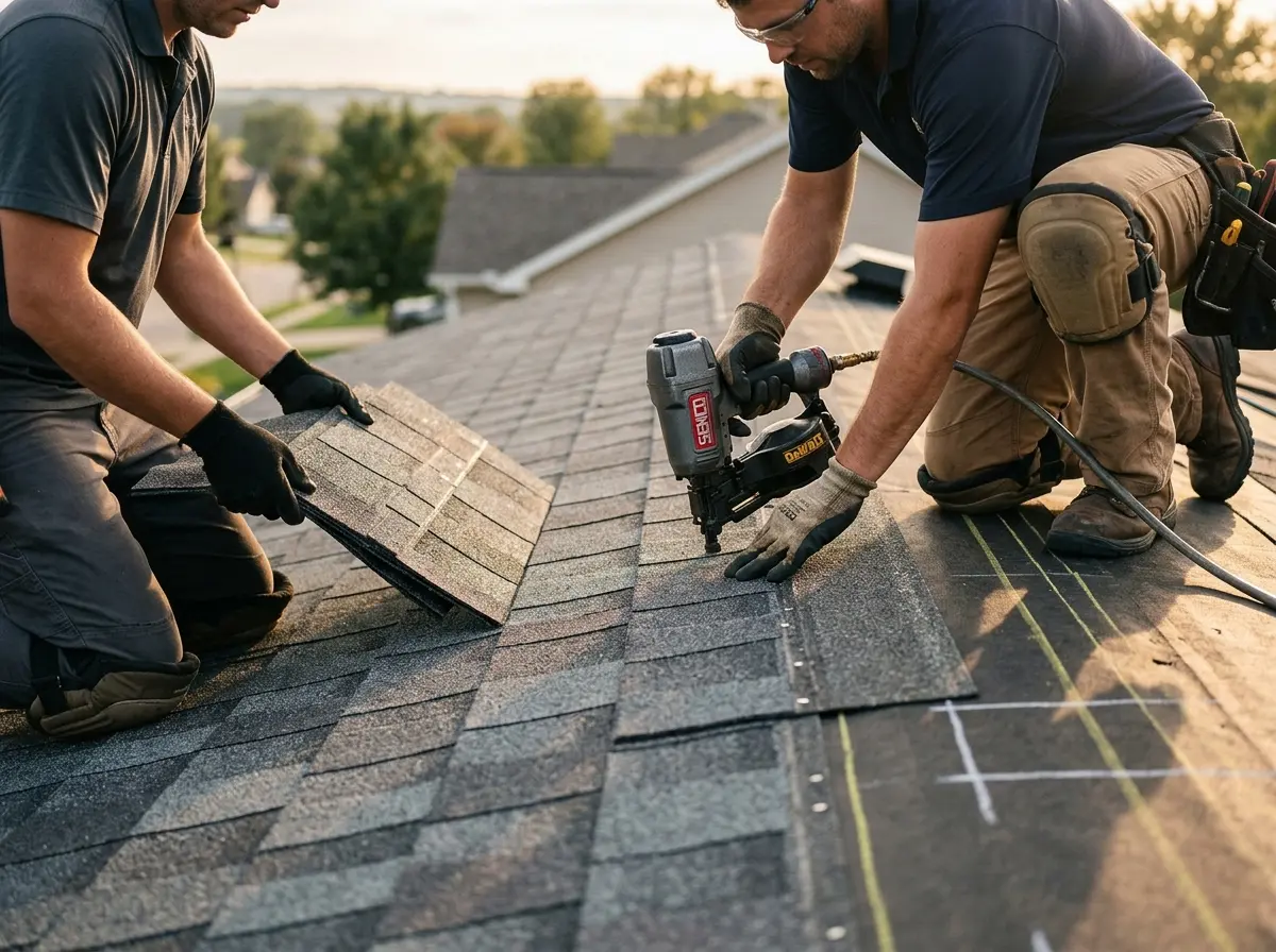 Professional roofer working on a residential roof in South Monrovia Island